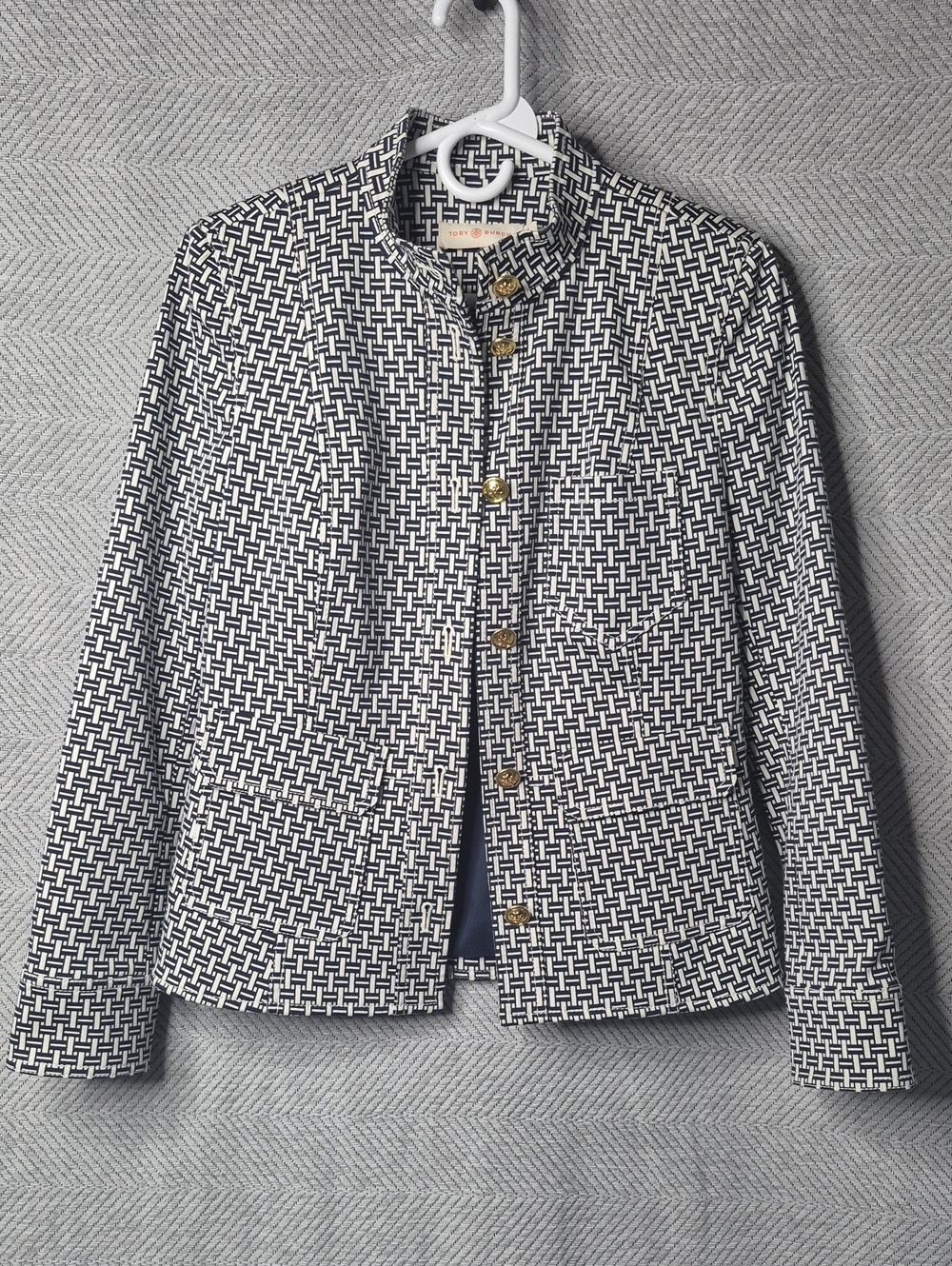 NWOT Tory Burch Cotton Blend Geometric Gold Button Jacket Navy Ivory Women's 4